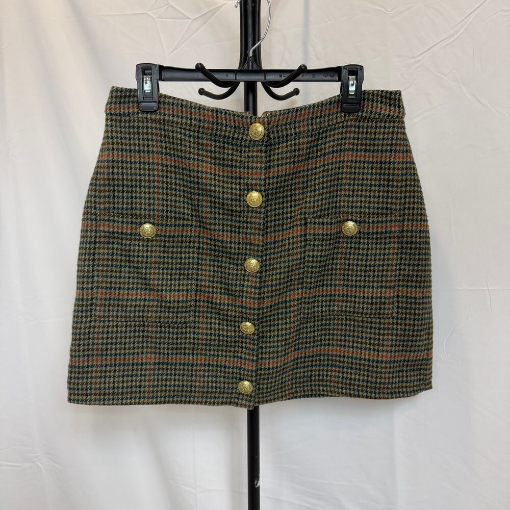 L'AGENCE Zander Plaid Button Mini Skirt Size 10 NWT Tan Teal Gold Tweed Boho